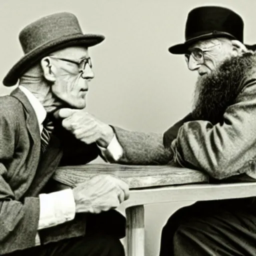 Image similar to James Joyce arm wrestling Samuel Beckett, photorealistic in the style of ansel adams