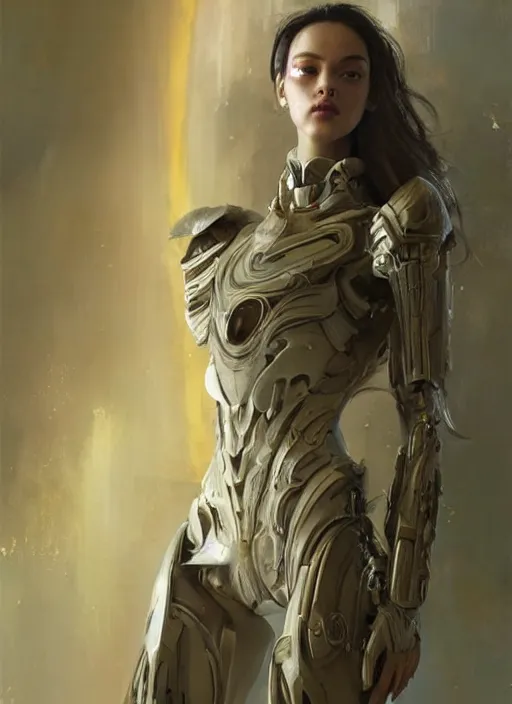 Image similar to a professional painting of a beautiful young female alien, clothed in ethereal armor, olive skin, long dark hair, beautiful bone structure, symmetrical facial features, intricate, elegant, digital painting, concept art, smooth, sharp focus, illustration, from Valerian and the City of a Thousand Planets, by Ruan Jia and Mandy Jurgens and Artgerm and William-Adolphe Bouguerea