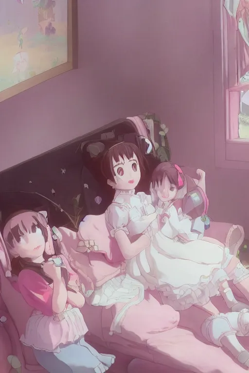 Image similar to a little girl in a maid outfit with dark brown hair in her pink bedroom on a princess sofa with stuffed animals programming on a laptop with a black screen, detailed eyes, 4 k resolution by krenz cushart and akihito yoshida and makoto shinkai