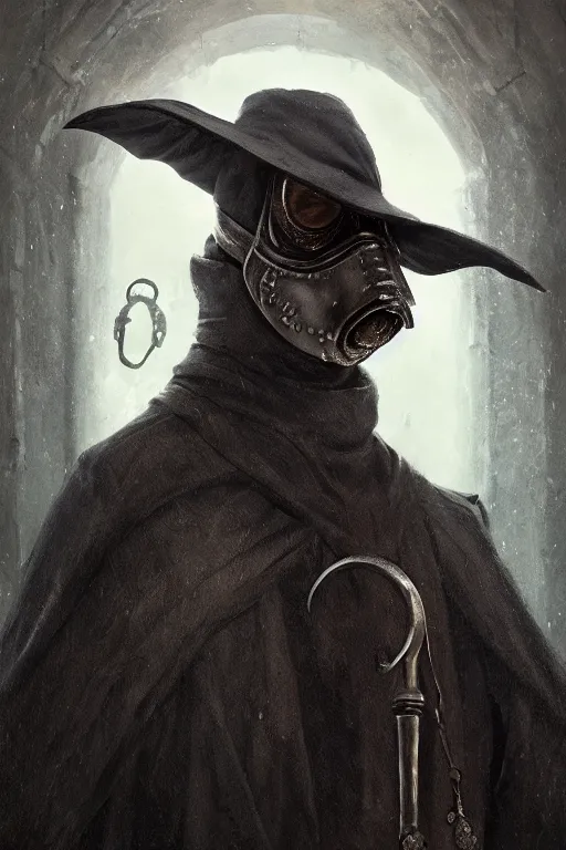 Image similar to A fancy portrait of a Plague Doctor by Greg Rutkowski, Sung Choi, Mitchell Mohrhauser, Maciej Kuciara, Johnson Ting, Maxim Verehin, Peter Konig, Bloodborne, 8k photorealistic, cinematic lighting, HD, high details, dramatic, dark atmosphere, trending on artstation