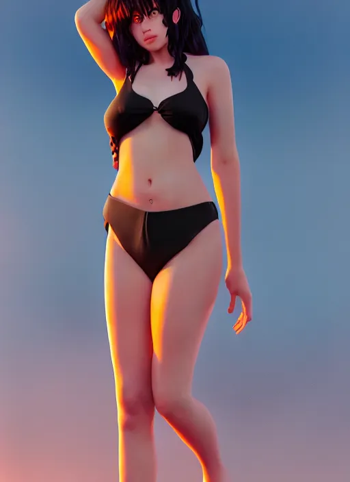 Prompt: bella poarch, sunset, wearing a black bikini top and a short white wet skirt, hyper detailed, digital art, trending in artstation, cinematic lighting, studio quality, smooth render, frostbite 3 engine rendered, art style by klimt and nixeu and ian sprigger and wlop and krenz cushart
