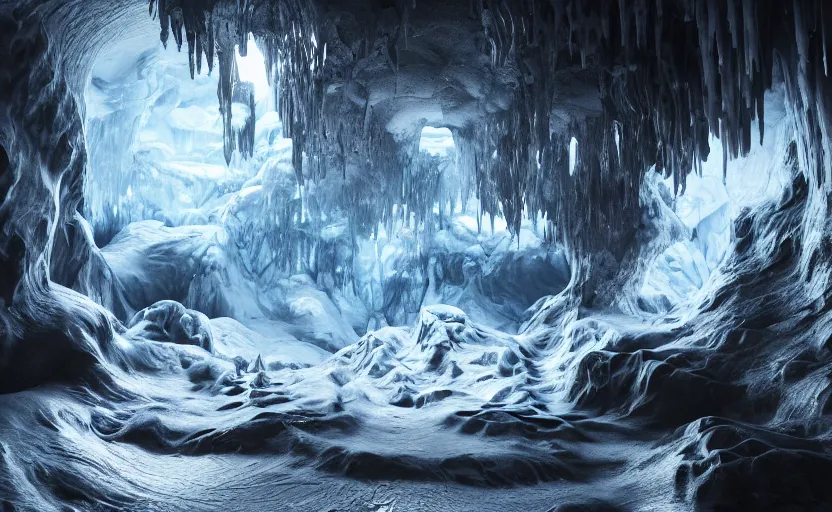 Image similar to liquid nitrogen and with black water-cooling coolant flowing through latent representations of ice caverns by centrifugal forces, high detailed, high contrast, geometric elements, trending on artstation, octane render, subsurface scattering, 4k