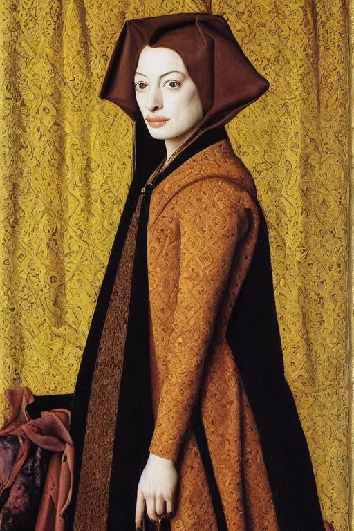 Image similar to stunning portrait of anne hathaway, oil painting by jan van eyck, northern renaissance style, oil on canvas, wet - on - wet technique, realistic, expressive emotions, detailed textures, illusionistic detail