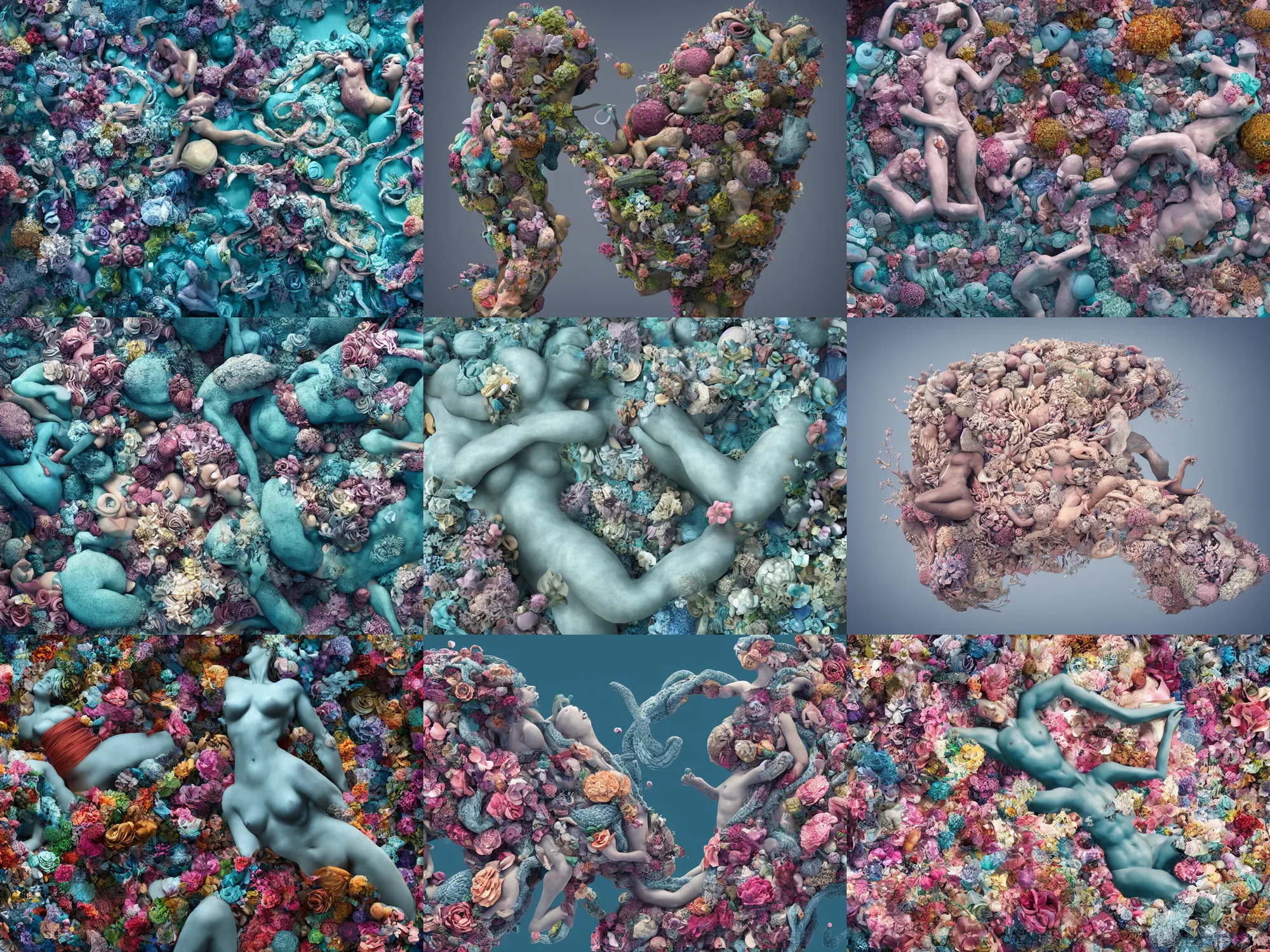 Prompt: a sculpture of ocean intertwined, a lovely cornucopia of flowers and human body parts, body parts, highly detailed, octane render, cinematic