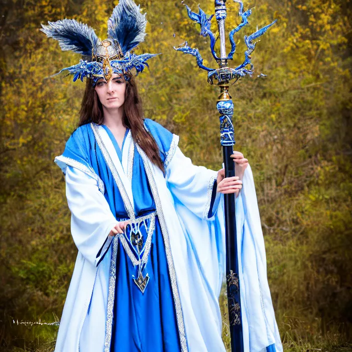 Prompt: professional photograph of a real-life beautiful elemental sky witch with ornate white and blue robes and staff. Extremely detailed. 8k