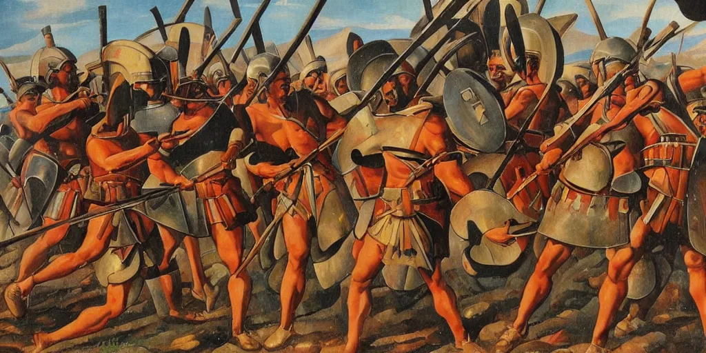 Image similar to italian futurism style painting of greek hoplites at war