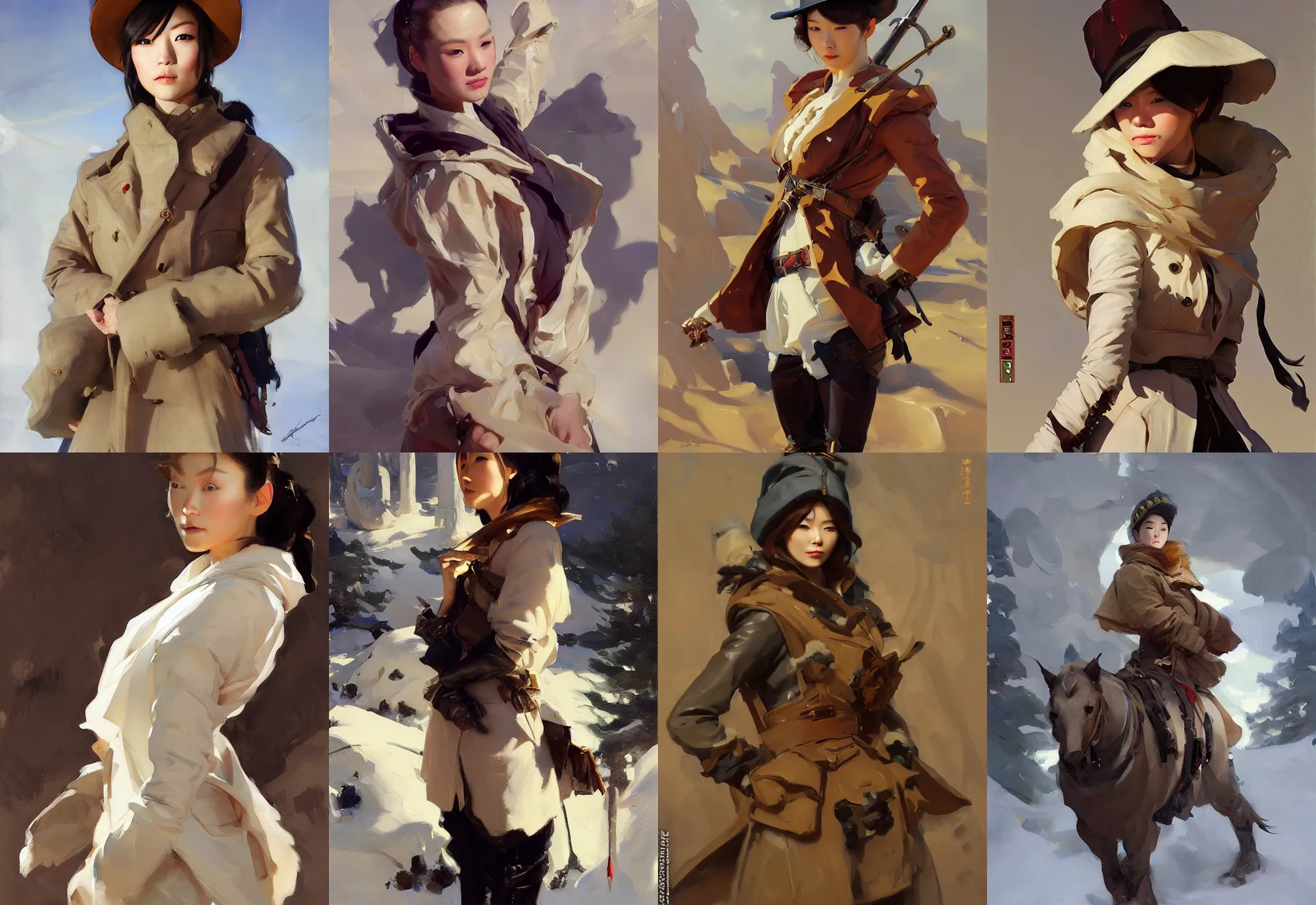 Image similar to portrait of russian japanese model girl jodhpurs hyperborea winter traveler treasure hunter greg manchess painting by sargent and leyendecker, fantasy, medium shot, asymmetrical, intricate, elegant, matte painting, illustration, hearthstone, by rhads, by greg rutkowski, by greg tocchini, by james gilleard, by joe fenton