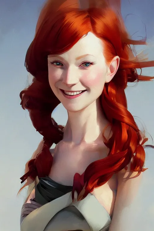 Image similar to concept art of curvacious redhead cyborg woman softly smiling at camera wearing 🩳 and 👕 illustration by sargent and leyendecker, studio ghibli, fantasy, medium shot, asymmetrical, intricate, elegant, matte painting, illustration, hearthstone, by rhads by greg rutkowski, by greg tocchini, by james gilleard, by joe fenton