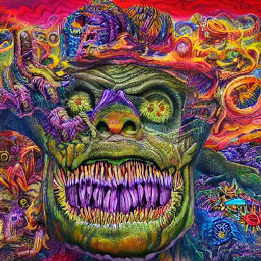 Prompt: a high hyperdetailed painting with complex textures of a group of deformed monsters united within a larger monster, made of candies and psychotropic psychoactive substances cosmic psychedelic fulcolor spiritual chaos surrealism horror bizarre psycho art