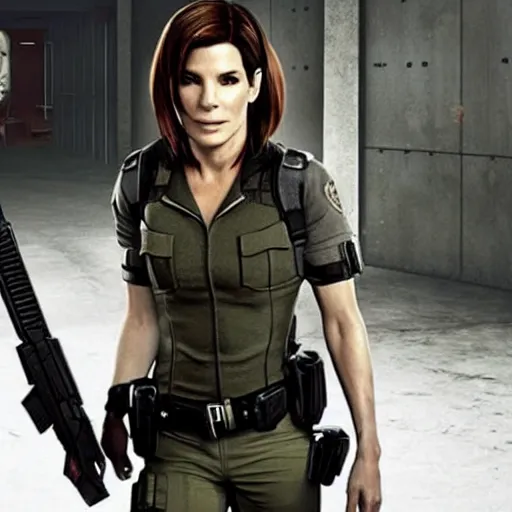 Image similar to Sandra bullock as Claire redfield in resident evil 2, police station, tactical gear