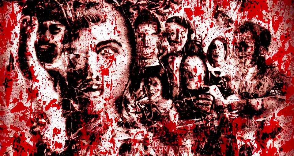 Prompt: category b film poster with trace of a shots in centre, seamless texture, several blood splatter on the sides, focus render, grainy tape, distortion, few details, illustrations, vhs effect