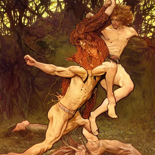 Prompt: hobbits wrestling with demons, hyper realistic, digital painting. art station. mood lighting, highly detailed, concept art, intricate, sharp focus, by shaun berke and alphonse mucha, milo manara - h 1 2 0 0