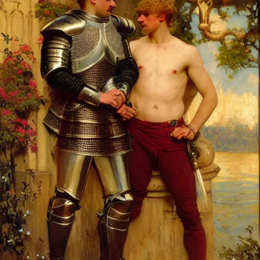 Image similar to attractive fully clothed arthur pendragon confesses his love for his attractive fully clothed male knight. highly detailed painting by gaston bussiere and j. c. leyendecker 8 k