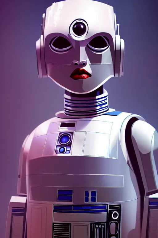 Prompt: a portrait of android girl as r 2 d 2 droid, humanization, humanized, grim - lighting, high - contrast, intricate, elegant, highly detailed, digital painting, artstation, concept art, smooth, sharp focus, illustration