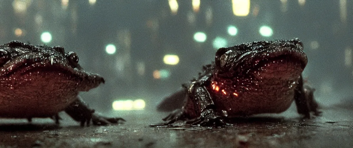 Image similar to Close up of a happy Lepidobatrachus laevis facing the camera in a still from the movie Blade Runner (1982), high quality, rain, rain drops, cold neon lighting, 4k, night, award winning photo, beautiful