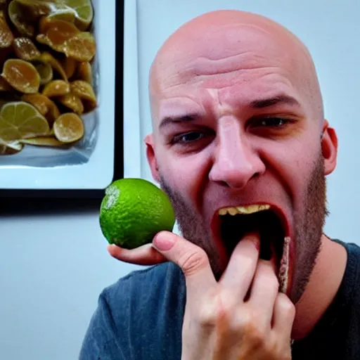 Image similar to angry bald swedish man biting into a raw lime on live camera