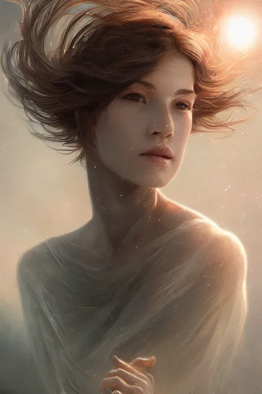 Image similar to dusty wind blowing!!!, orbs of light translucent skin, dreaming of the void! cinematic volumetric lights, bust portrait, dnd, fantasy, intricate, elegant, highly detailed, digital painting, artstation, concept art, smooth, sharp focus, illustration, art by artgerm and tom bagshaw and greg rutkowski and alphonse mucha
