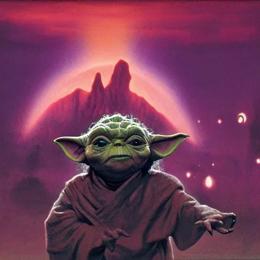 Prompt: still from the show dinsaurs, yoda as the baby from the show dinosaurs(1991 tv show), overwhelming energy, detailed background by m. w. kaluta + bruce pennington, dark side, neon color, three moons, tiny stars, volumetric lighting, colorful vapor, deep dark color, floating molecules, digital painting, oil painting, artwork by ralph mcquarrie + cory loftis + andreas rocha + paul lehr + ian mcque + eddie mendoza