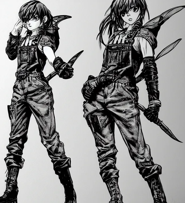 Prompt: full body pose, hd, manga anime portrait of a fairy girl in combat boots and overalls, in ishikawa ken frank miller jim lee alex ross style detailed trending award winning on flickr artstation,