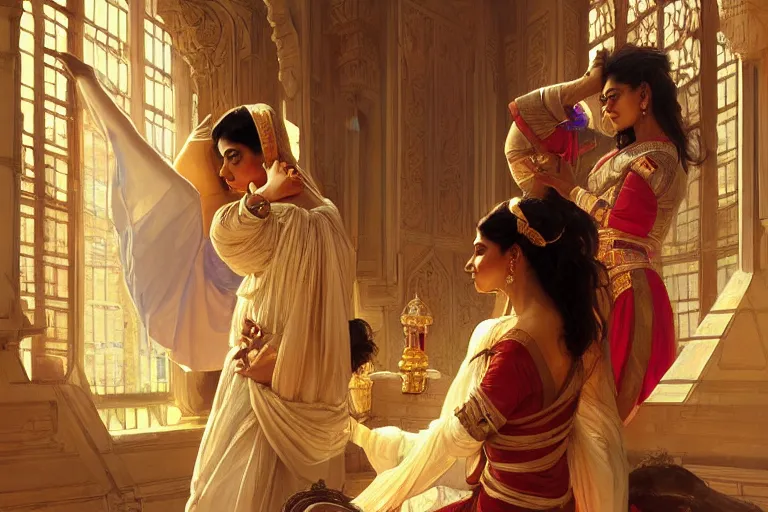 Image similar to Sensual good looking pale young Indian doctors wearing Renaissance clothing in a space station above Earth, portrait, elegant, intricate, digital painting, artstation, concept art, smooth, sharp focus, illustration, art by artgerm and greg rutkowski and alphonse mucha