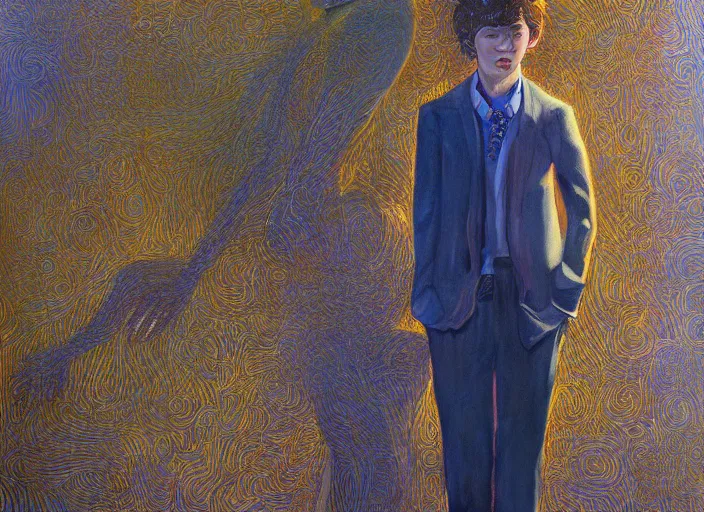 Prompt: portrait of man outside office building, bright ground, cynical realism, painterly, yoshitaka amano, miles johnston, moebius, beautiful lighting, miles johnston, klimt, tendrils, in the style of, louise zhang, victor charreton, james jean, two figures