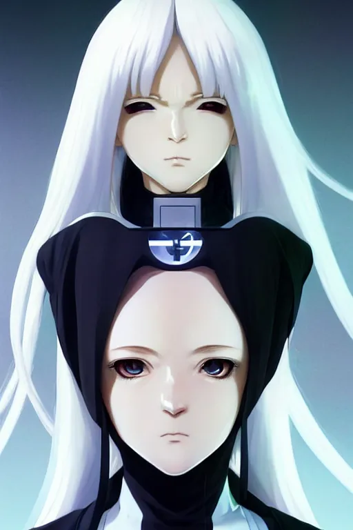 Image similar to portrait Anime cyborg girl in nun clothes, holy church Warhammer 40000, cute-fine-face, white-hair pretty face, realistic shaded Perfect face, fine details. Anime. realistic shaded lighting by Ilya Kuvshinov katsuhiro otomo ghost-in-the-shell, magali villeneuve, artgerm, rutkowski, WLOP Jeremy Lipkin and Giuseppe Dangelico Pino and Michael Garmash and Rob Rey