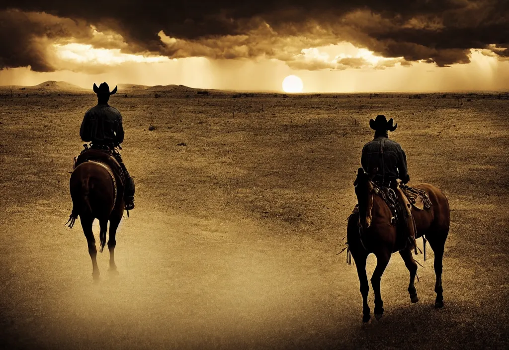 Image similar to a lone cowboy on horseback, aiming a golden revolver, hazy sunset with dark storm clouds on the horizon, small western town in the distance, cinematic angle, filmic tones, detailed digital matte illustration