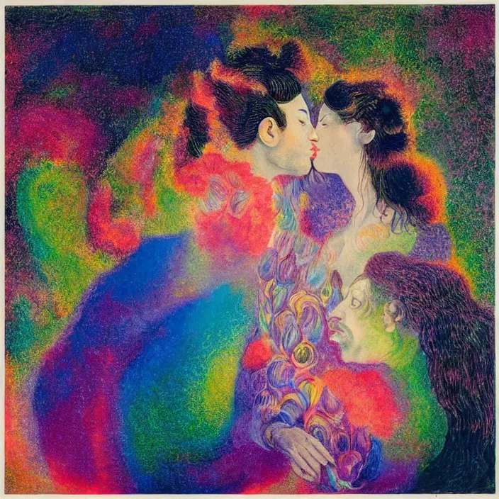 Prompt: close portrait of woman and man kissing. aurora borealis. iridescent, vivid psychedelic colors. painting by arcimboldo, agnes pelton, utamaro, monet