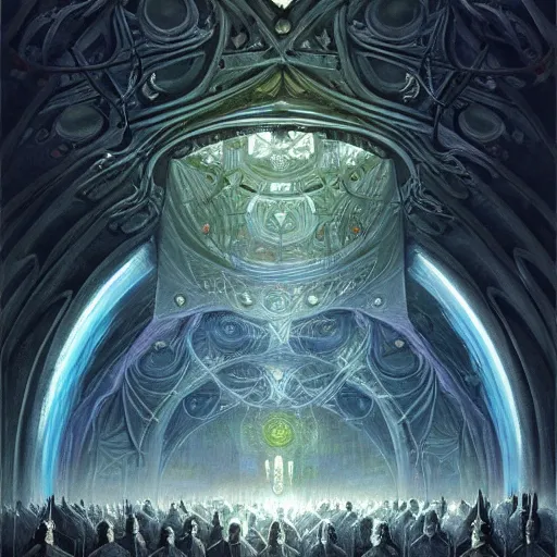 Image similar to a quantum computer, a dark cabal of multiple hooded elven mystics in long robes gathered in a circular formation around a quantum computer, highly advanced technology, dan seagrave, michael whelan art, beautifully detailed epic scifi fantasy art, symmetrical, cgsociety, artstation