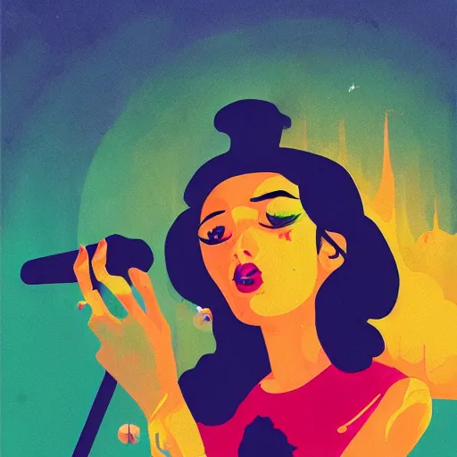 Image similar to a colorful comic noir illustration of a hauntingly beautiful woman singing the blues in new orleans by sachin teng, by queens of the stone age, dark vibes, pastel lighting, cinematic, depth of field, 8 k, high contrast, trending on art station