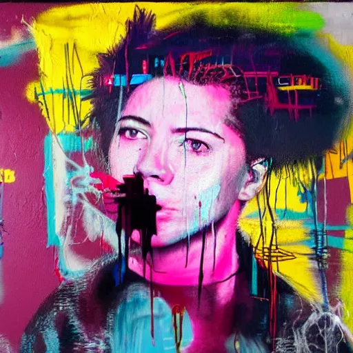 Prompt: amy in - house, rain like a dream, oil painting, cyberpunk, basquiat + francis bacon, elevated street art, fantasy lut, pink, blue, purple, green,