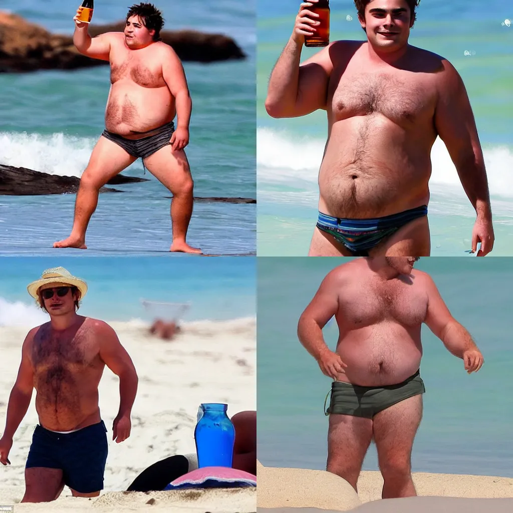 Prompt: fat zac efron at the beach after retirement, he is shirtless and old, with a beer on his hand, the day is bright, realistic photograph
