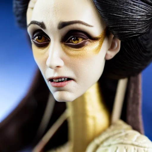 Image similar to photo taken of an epic intricate, ultra detailed, super realistic stop motion puppet of a majestic gracious regal aristocratic brunette female vampire created by weta workshop, menacing, some zoomed in shots, photorealistic, sharp focus, white wall, extremely cold blueish colour temperature, 3 5 mm, f 1. 4, golden ratio