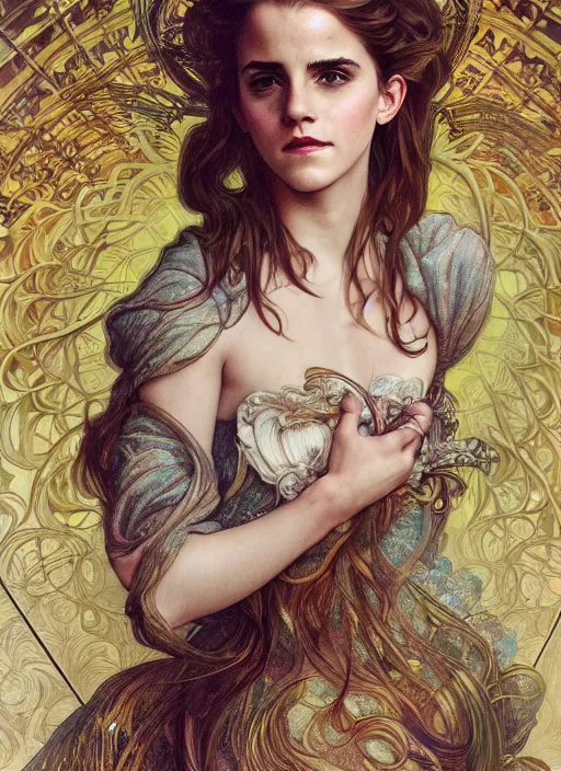 Image similar to Emma Watson as Godness of Love, cute, fantasy, intricate, elegant, highly detailed, digital painting, 4k, HDR, concept art, smooth, sharp focus, illustration, art by alphonse mucha,artgerm, H R Giger, beautiful detailed intricate insanely detailed octane render, 8K artistic photography, photorealistic,