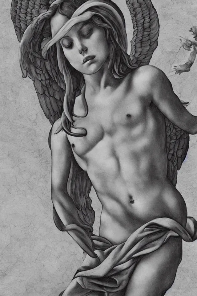 Image similar to lana del rey as the angel of death in the style of michelangelo, artistic, highly detailed