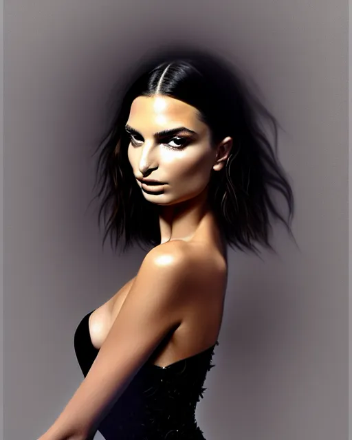 Image similar to Emily Ratajkowski, wearing an evening gown, vera wang couture, very detailed portrait, ultrarealistic, dramatic lighting, electrical details, high details, 4k, 8k, best, accurate, trending on artstation, fur, artstation, photorealism, ultrarealistic, digital painting, style of Dali, Caravaggio, Boris Vallejo