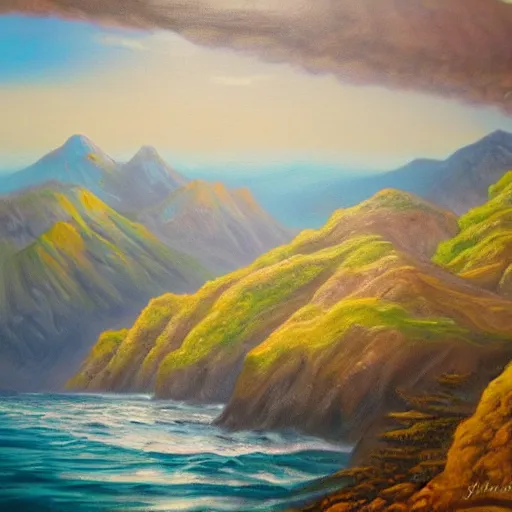 Image similar to Realm between the mountains and the sea, fantasy, oil painting, extra detailed