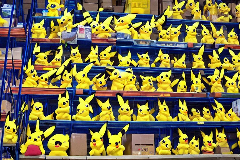 Prompt: a warehouse full of pikachu