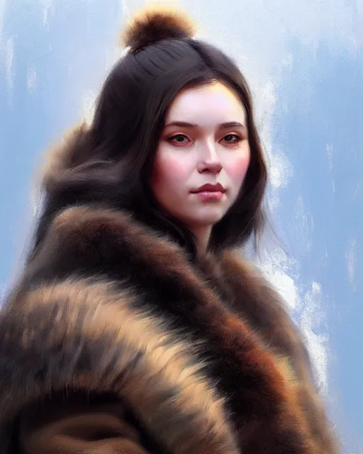 Image similar to a beautiful siberian girl with bear fur coat | | realistic shaded, unpleasant face, bad looking, fine details, realistic shaded lighting poster by greg rutkowski, magali villeneuve, artgerm, jeremy lipkin and michael garmash and rob rey