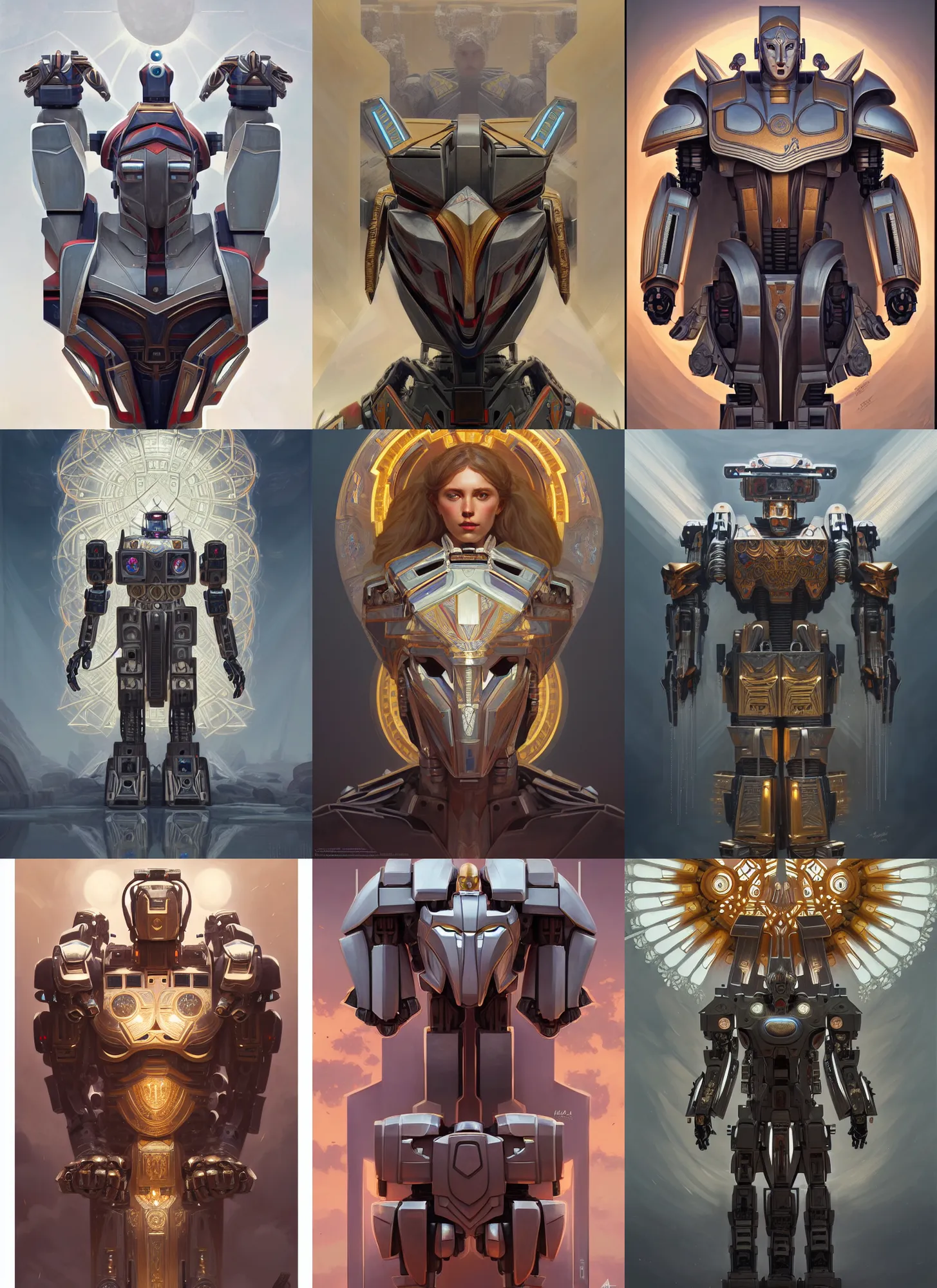 Image similar to symmetry!! portrait of a warrior transformers robot, midsommar style, intricate, elegant, highly detailed, digital painting, artstation, concept art, smooth, sharp focus, illustration, art by artgerm and greg rutkowski and alphonse mucha, 8 k