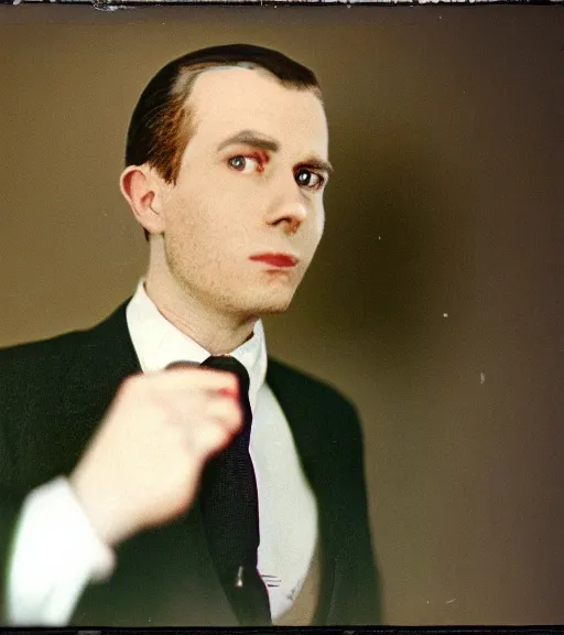 Image similar to portrait of a man in a suit with pitch black head, vintage technicolor film photo, grainy, high detail, high resolution