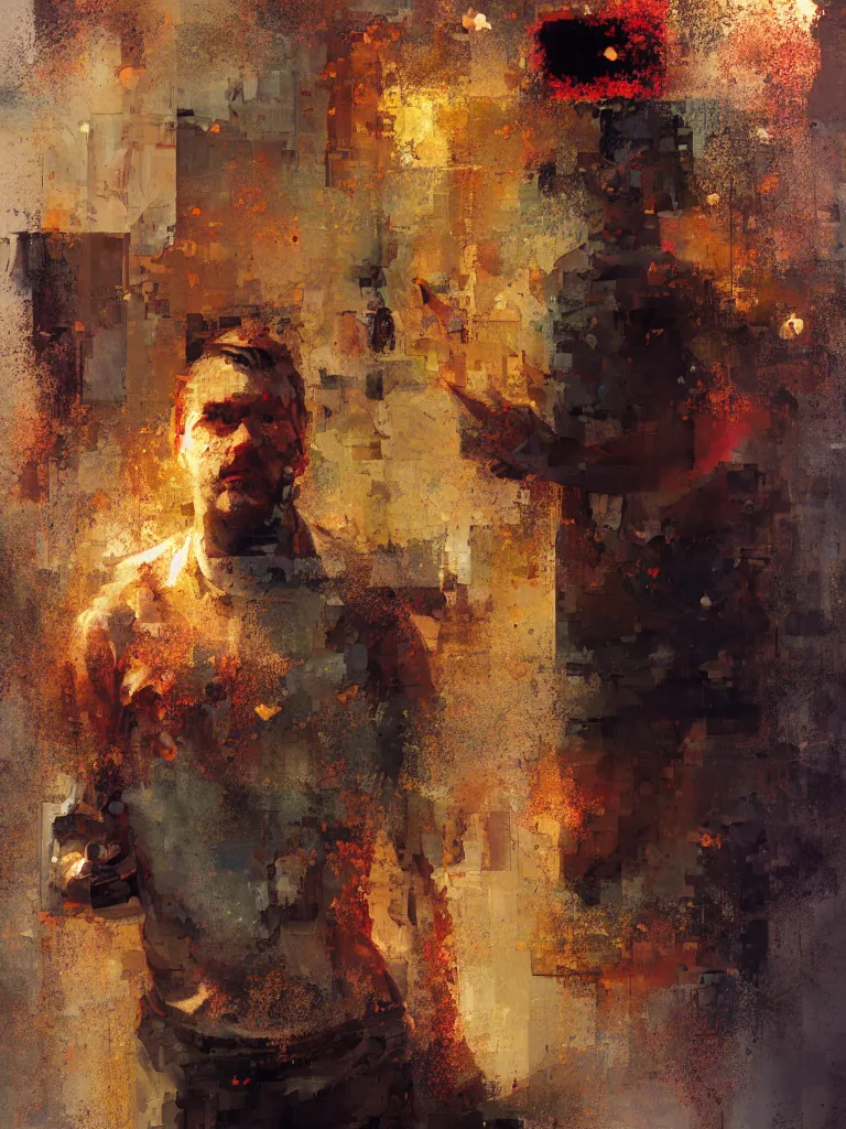 Image similar to a beautiful glitched oil painting by robert proch of a man standing with his phone in front of a bathroom mirror, color bleeding, pixel sorting, copper oxide and rust materials, brushstrokes by jeremy mann, cold top lighting