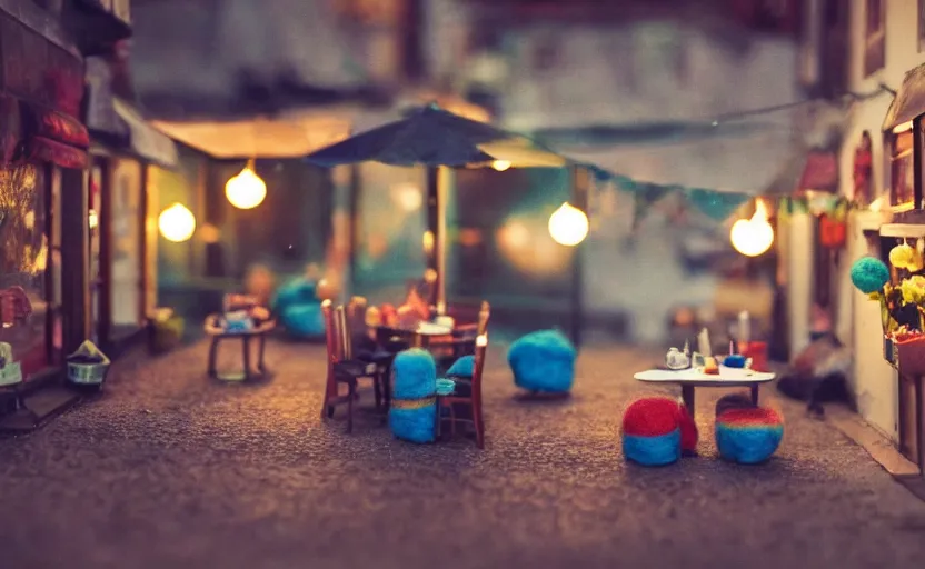 Image similar to miniature cafe diorama, macro photography, cafe with felted cookie monsters on a date, alleyway, ambient, atmospheric, british, cozy, bokeh, romantic, colorful lanterns