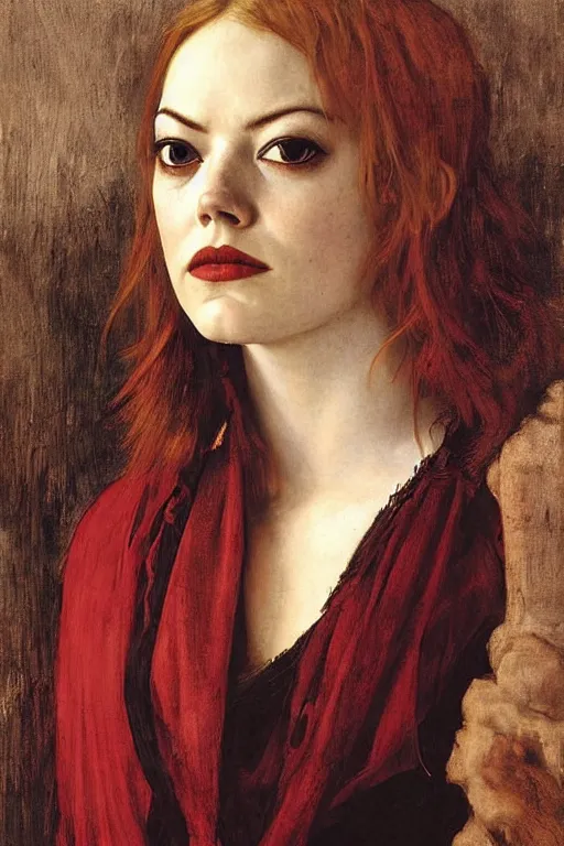 Image similar to emma stone as a bandit queen, goddes of the vampires, red silk dress, bloodshot eyes by edgar maxence and caravaggio and michael whelan and delacroix