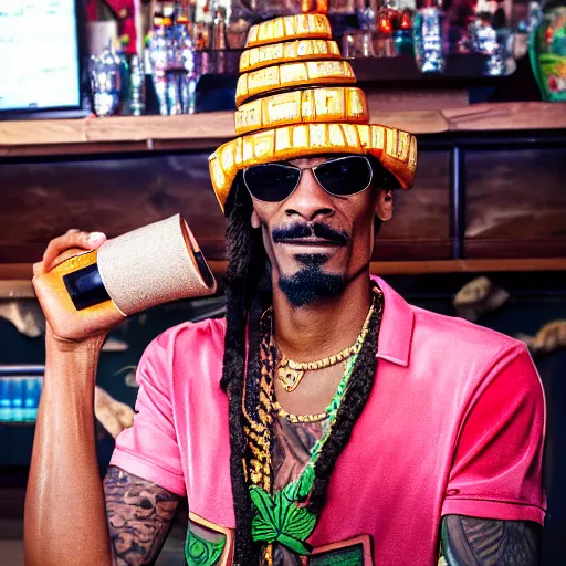 Image similar to a photorealistic photograph of a Trader Vic's tiki mug featuring Snoop Dogg at a Tiki bar - Trending on Artstation, featured on Behance, well-rendered, Unreal Engine, 4K HD