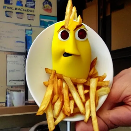 Prompt: [ a french fry chip ] shaped like stephen fry as a pixar character hybrid intercross mix