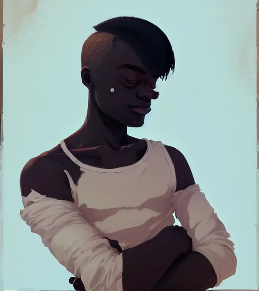 Image similar to portrait of a young man, raised on the island, dark skin, white hair, face tatooes by atey ghailan, by greg rutkowski, by greg tocchini, by james gilleard, by joe fenton, by kaethe butcher, dynamic lighting, gradient light blue, brown, blonde cream and white color scheme, grunge aesthetic