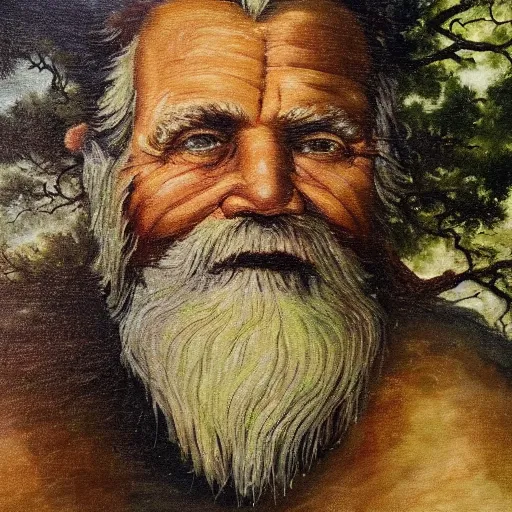 Image similar to A painting of an oak tree, with the face of an old bearded man, close up portrait of a human face in a tree