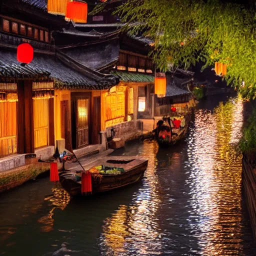 Image similar to beautiful and peaceful ancient water town in the south of china, zhouzhuang ancient town, movie style, warm color to move, boats, evening lanterns, the glow of the sunset on the water, lanterns in the sky at night, highly detailed, 4 k