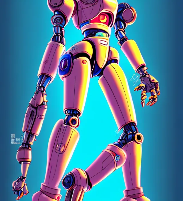 Image similar to retrowave robot girl protagonist, animation character design by akira toriyama, don bluth, jack kirby, action - adventure, sharp detail, artstation trending, conceptart. com